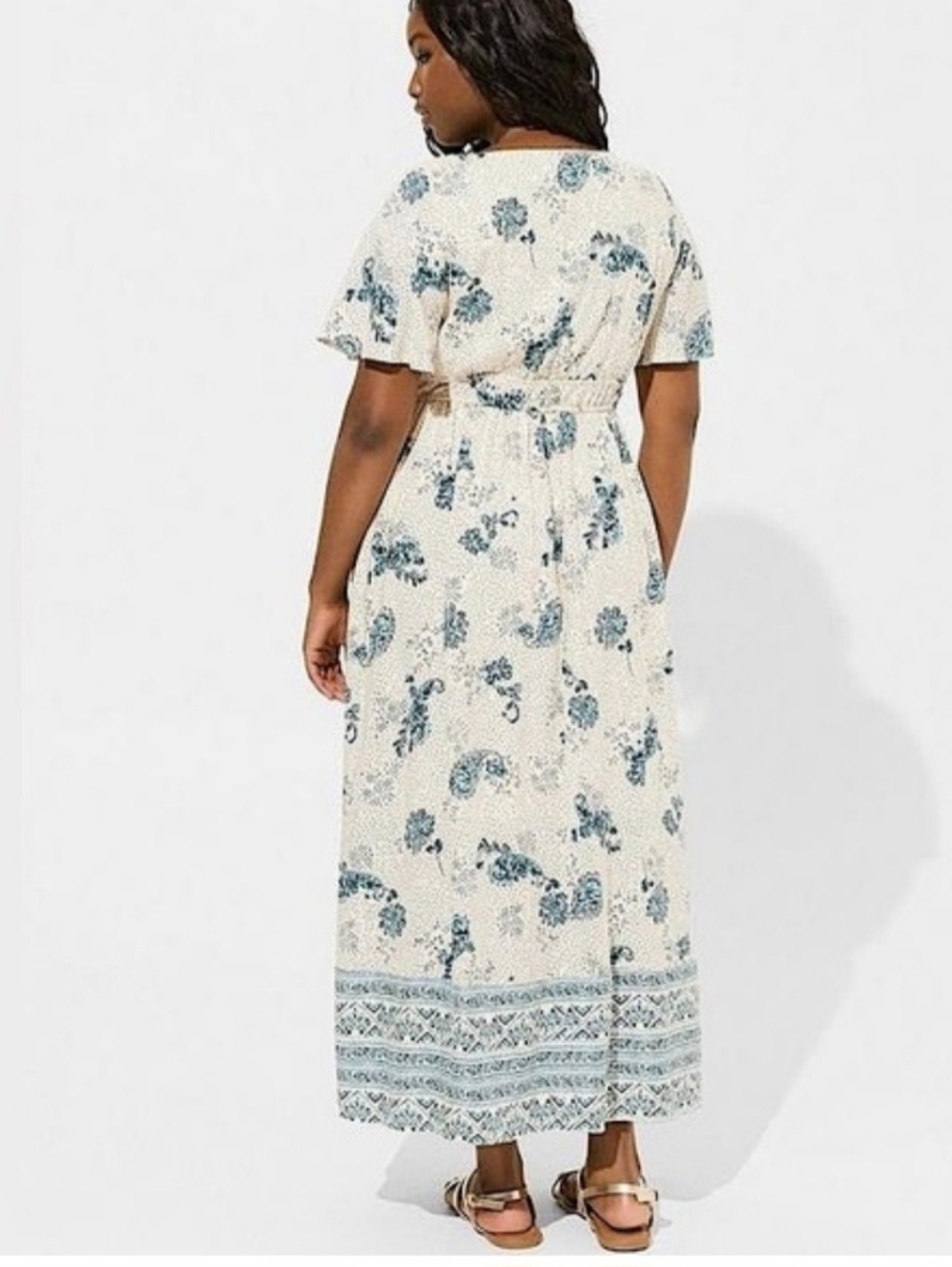 Torrid Cream Floral Button-Front Maxi Dress with Blue Print 2x - Picture 3 of 7